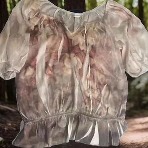 Christopher & Banks Womens Floral Short Sleeve V-Neck Blouse Top Size L